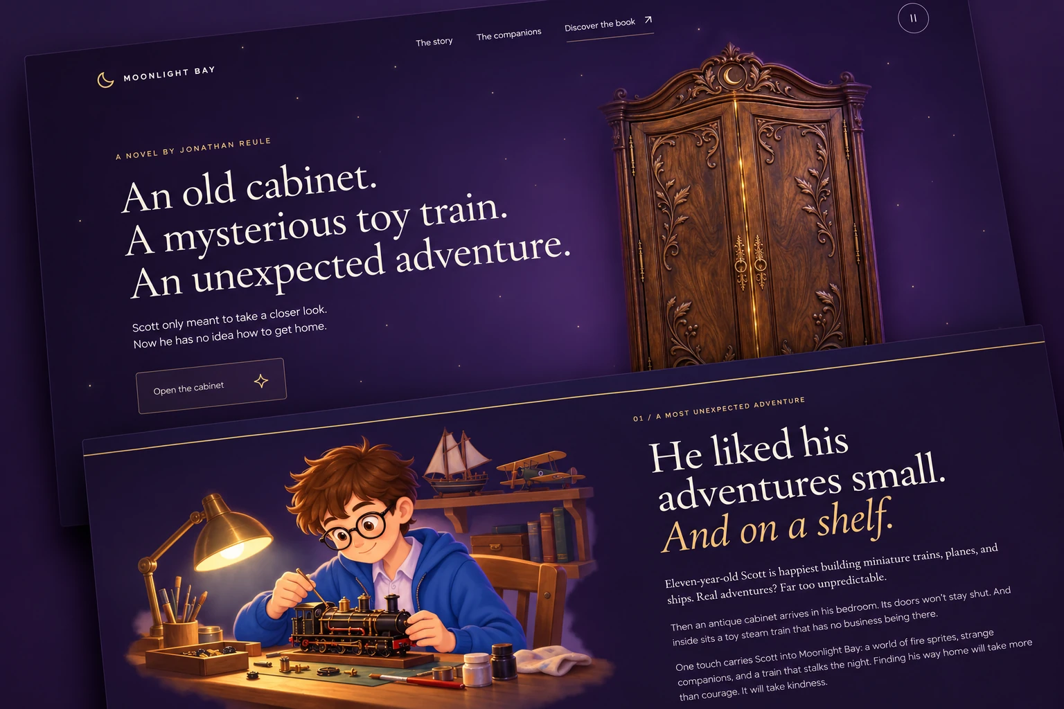 Moonlight Bay novel website featuring magical cabinet and boy